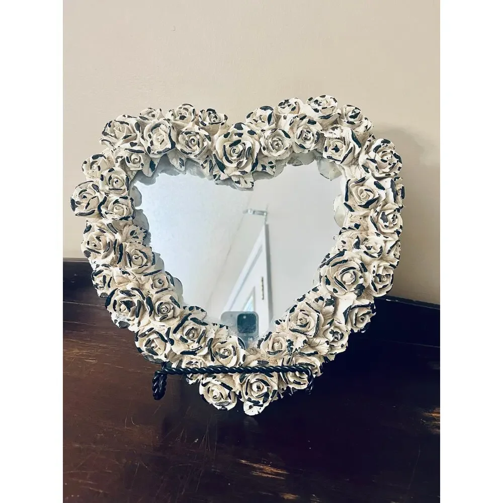 Decoline Heart VTG Wall Mirror Ivory Rose Shabby Cottage Chic Valentines 13”w